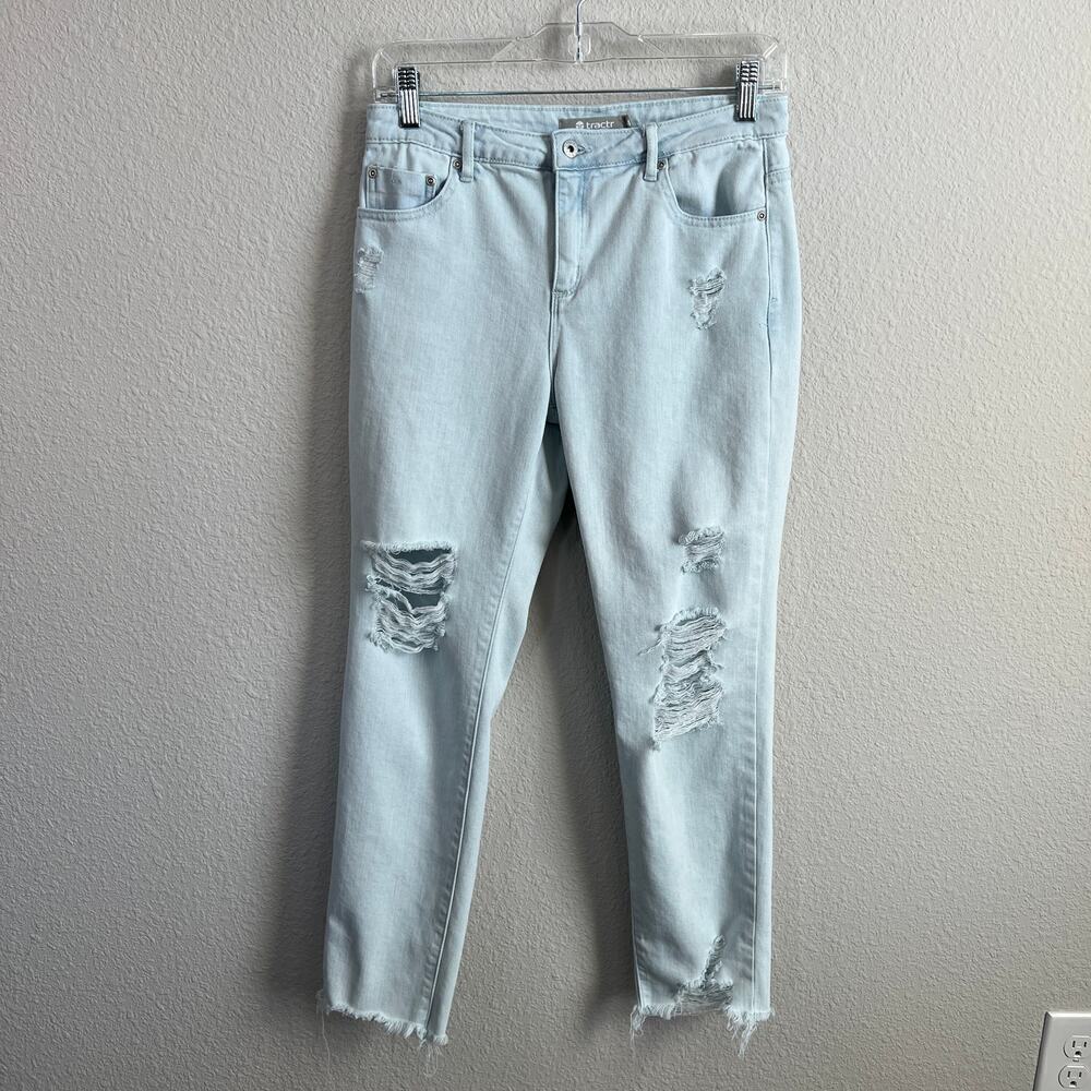 Tractr Distressed Skinny Leg Jeans Girl's 14 Light Wash Mid Rise Stretch Raw Hem
